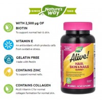 Alive! Hair, Skin & Nails Gummy  60 жевательных пастилок для волос, кожи и ногтей для женщин.