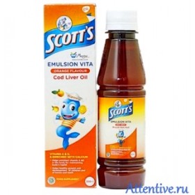 Витамины детские для иммунитета, зрения,  D, A, кальций, SCOTT'S Cod Liver Oil Emulsion, 200 мл.